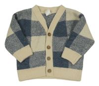 Béžovo-tmavomodrý kostkovaný vlněný propínací svetr H&M