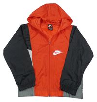 Červeno-černo-šedá šusťáková bunda s logem a kapucí Nike