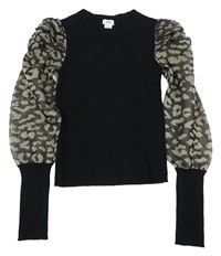 Černé žebrované pletené triko se vzorovanými rukávy River Island