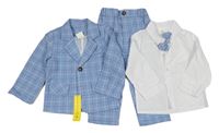 Nové - 4set - Modro-bílé kostkované slavnostní sako + kalhoty + motýlek + bílá košile