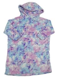 Růžovo-modrá vzorovaná chlupatá oversize domácí mikina s kapucí Tu