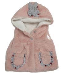 Růžová kožešinová podšitá vesta s volánky a kapucí 