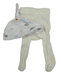 2 set - smetanové vzorované punčocháče + bílá čepice s obrázky Next