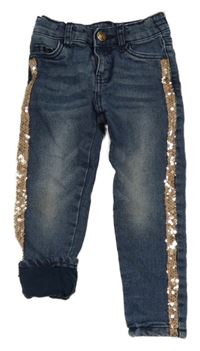 Tmavomodré skinny podšité rifle s pruhem z flitrů Kiki&Koko