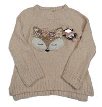 Nové - Pudrový třpytivý žinylkový svetr s liškou z flitrů 