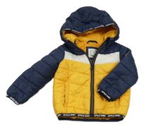 Žluto-tmavomodrá šusťáková prošívaná zateplená bunda s kapucí C&A