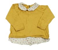 Okrové úpletové triko s volánkem a límečkem H&M