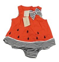 Nové - Červené body s našitými šaty s pruhovanou mašlí 