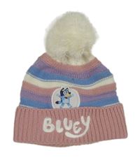 Růžovo-modro-bílá pruhovaná čepice s Bluey a bambulí dunnes