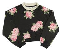 Antracitová květovaná crop mikina s květy a límečkem H&M