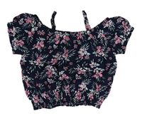 Tmavomodré květované crop tričko s holými rameny Kiki&Koko