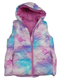 Růžovo-modro-lila šusťáková vzorovaná zateplená vesta s kapucí Dunnes Stores