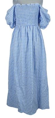 Dámské světlemodro-bílé kostkované žabičkové midi šaty MissGuided 