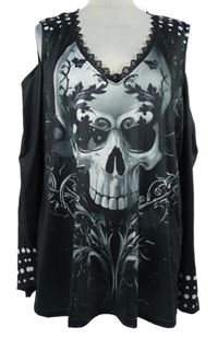 Dámské černé triko s lebkou a průstřihy 