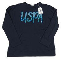 Nové - Tmavomodrá mikina s nápisem z flitrů U.S.A polo assn