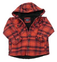 Červeno-černá kostovaná košilová zateplená bunda s kapucí Next