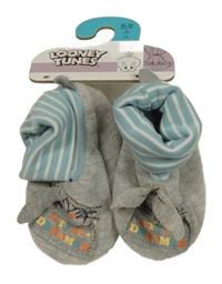 Nové - šedo-pruhované sametové capáčky s nápisem 