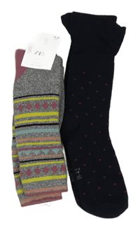 2x Teplé ponožky - Šedé pruhované + tmavomodré s puntíky