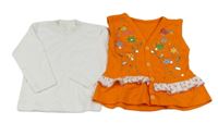 2set - Oranžová vesta s ptáčky a flitry + bílé triko 