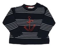 Tmavomodro-bílý svetr s kotvou a pruhy 