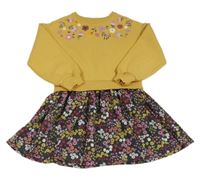 Okrové teplákové šaty s kytičkami a květovanou sukní zn. F&F