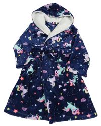 Tmavomodrý chlupatý župan s jednorožci a kapucí Minikidz