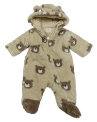 Béžová chlupatá zateplená kombinéza s medvídky a kapucí C&A