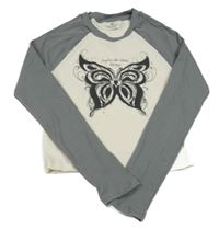 Šedo-bílé žebrované crop triko s motýlem H&M