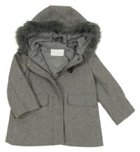 Šedý vlněný podšitý kabát s kapucí 