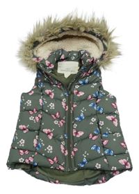 Khaki šusťáková prošívaná zateplená vesta s motýly a odepínací kapucí H&M