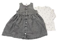 2set - Šedé riflové propínací šaty + bílé žebrované puntíkaté triko H&M
