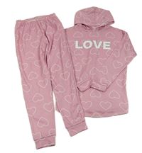 2Set - Světlerůžová úpletová dlouhá oversize mikina se srdíčky a nápisem a kapucí + kalhoty Matalan