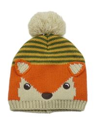 Oranžovo-světlebéžovo-okrovo-khaki pletená čepice s liškou a bambulí PUSBLU