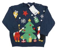 Nové - tmavomodrý vánoční svetr se stromečkem a medvídkem a tučňáčkem H&M