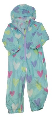Světlemodrá šusťáková nepromokavá kombinéza s barevnými srdíčky a kapucí St. Bernard