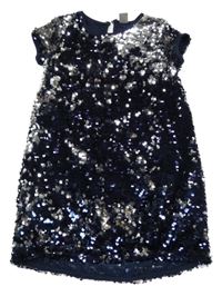 Tmavomodro-stříbrné tylové flitrové podšité šaty little kids