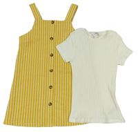 2set- Krémové žebrované tričko + Hořčicové pruhované šaty F&F