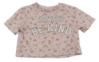 Růžové žebrované květované crop tričko s nápisy Primark