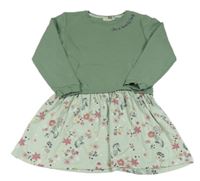 Khaki-zelenkavé teplákovo/bavlněné šaty s nápisem a květy Kids