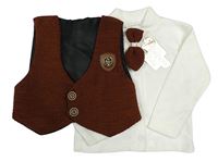 Nové - 3set - Hnědá žebrovaná vesta s nášivkou + bílé propínací triko + motýlek