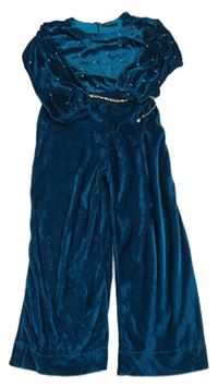 Petrolejový sametový kalhotový overal s puntíky a řetízkem