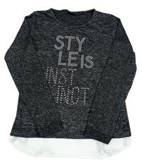 Černo-šedé melírované úpletové triko s nápisem z kamínků