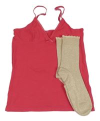 2set - Fuchsiová košilka + béžové třpytivé žebrované ponožky