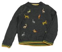 Tmavošedý svetr se zvířaty a žlutým lemem