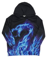 Černo-modrá lehká mikina s drakem a kapucí 
