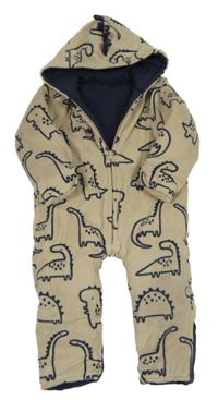 Béžová plyšová zateplená kombinéza s dinosaury a kapucí George