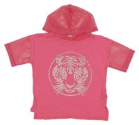 Růžové crop tričko s tygrem a síťovanou kapucí Bluezoo