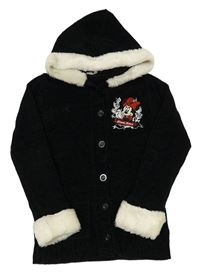 Černý žinylkový propínací svetr s Minnie a kapucí a kožešinou C&A