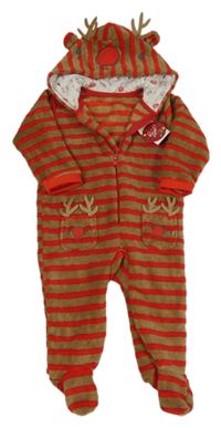 Nové - Hnědo-červená pruhovaná plyšová kombinéza se soby a kapucí zn. Matalan