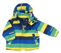 Tmavomodro-žluto-zelená pruhovaná šusťáková podšitá bunda s kapucí Manguun